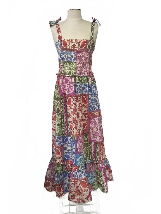 BILA Dresses & Skirts - BILA Multicolor Patchwork Cotton Maxi Dress with Tie Straps, Size M dd10